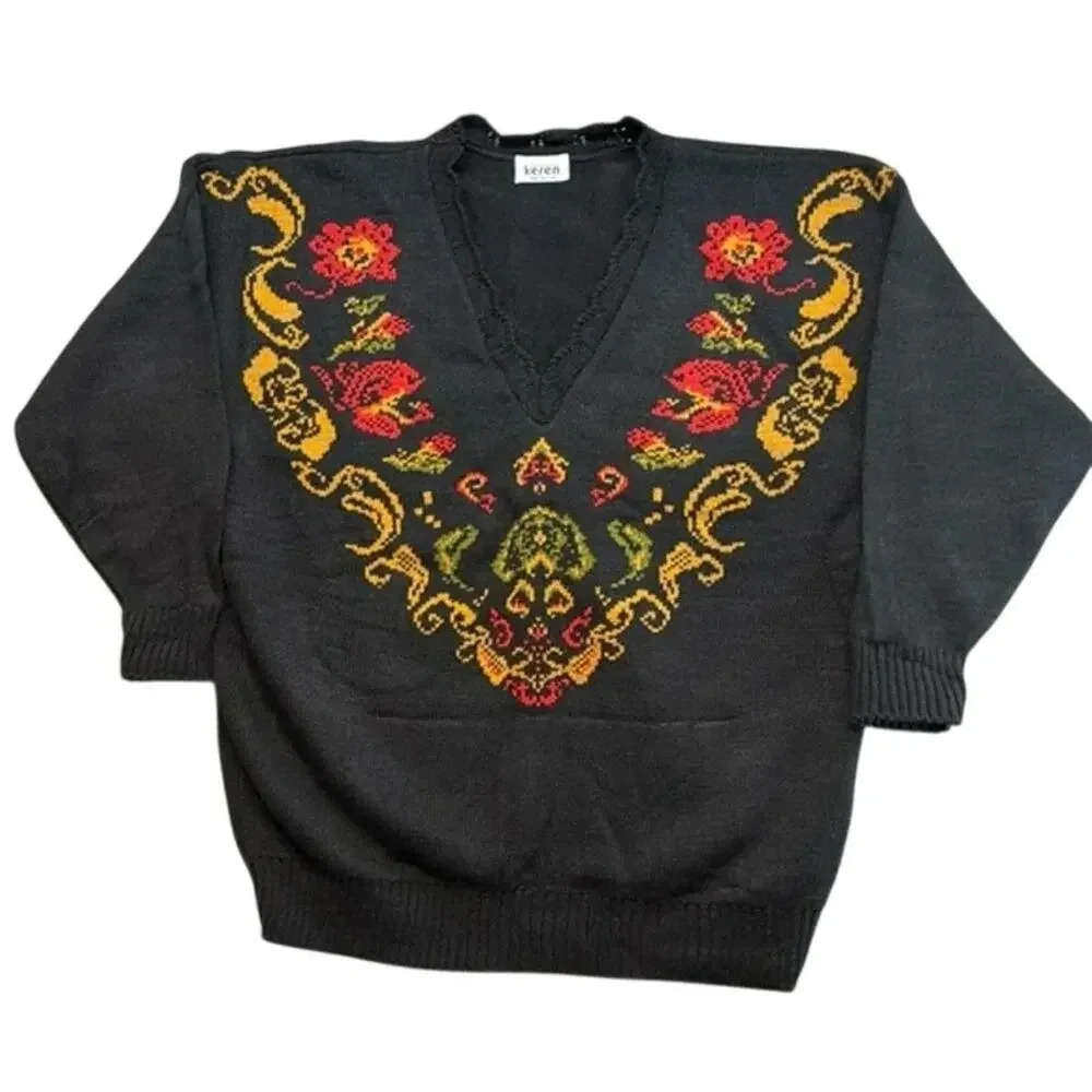 Vintage Keren Black Gold‎ Red Floral V Neck Sweater Size XL